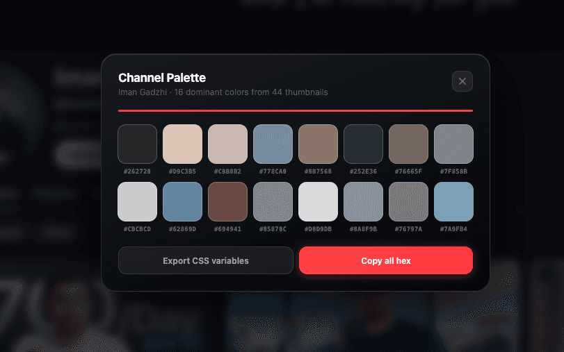 Channel palette modal with progress bar and resulting swatches