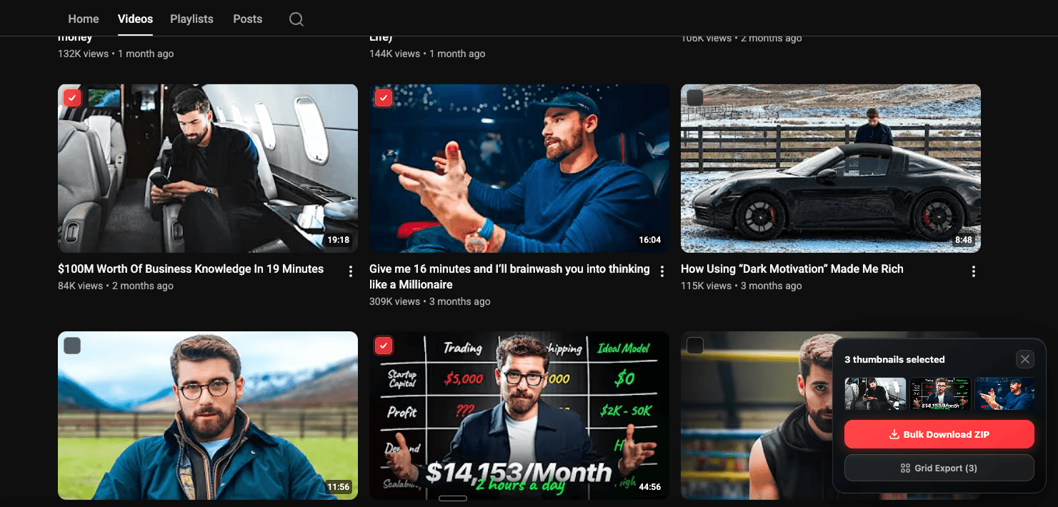 Checkboxes overlaid on a grid of YouTube thumbnails, some selected