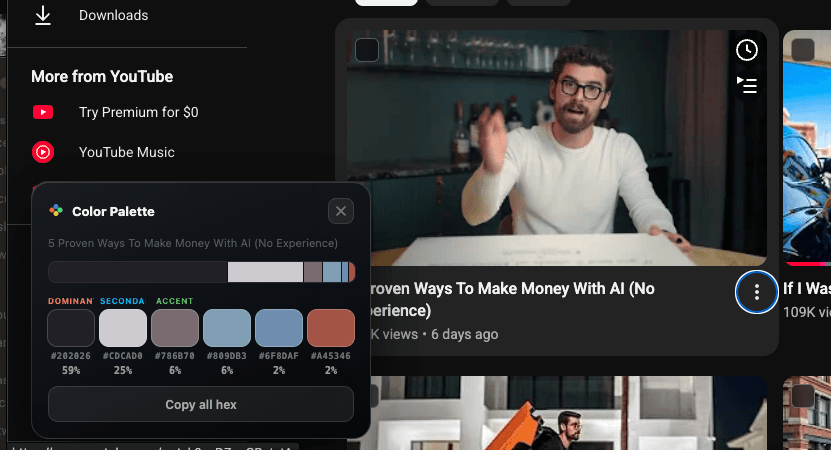 Color palette panel with swatches, role labels, and hex codes