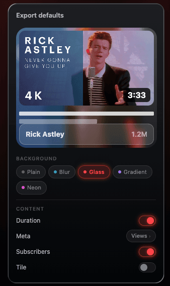 Export defaults panel in the popup with live preview