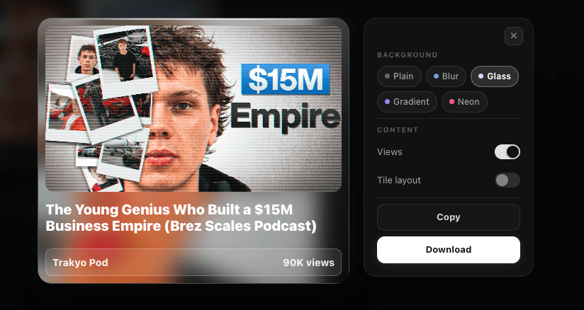Export modal open with style options and live preview