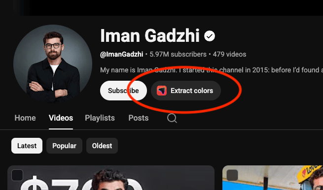 Extract colors button in a YouTube channel's action bar