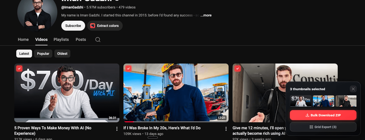 Grid export editor with several thumbnails and the channel header