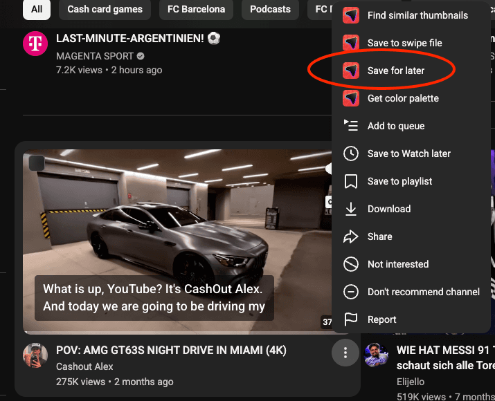 Save for later in the thumbnail context menu