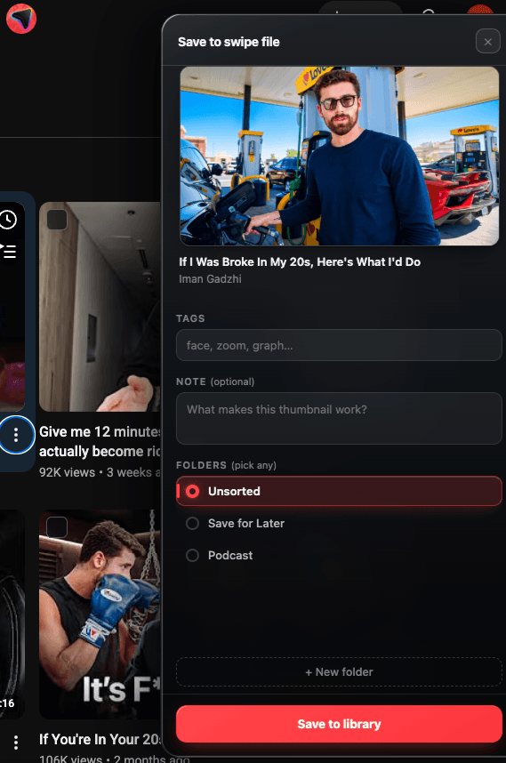 Save to swipe file confirmation panel