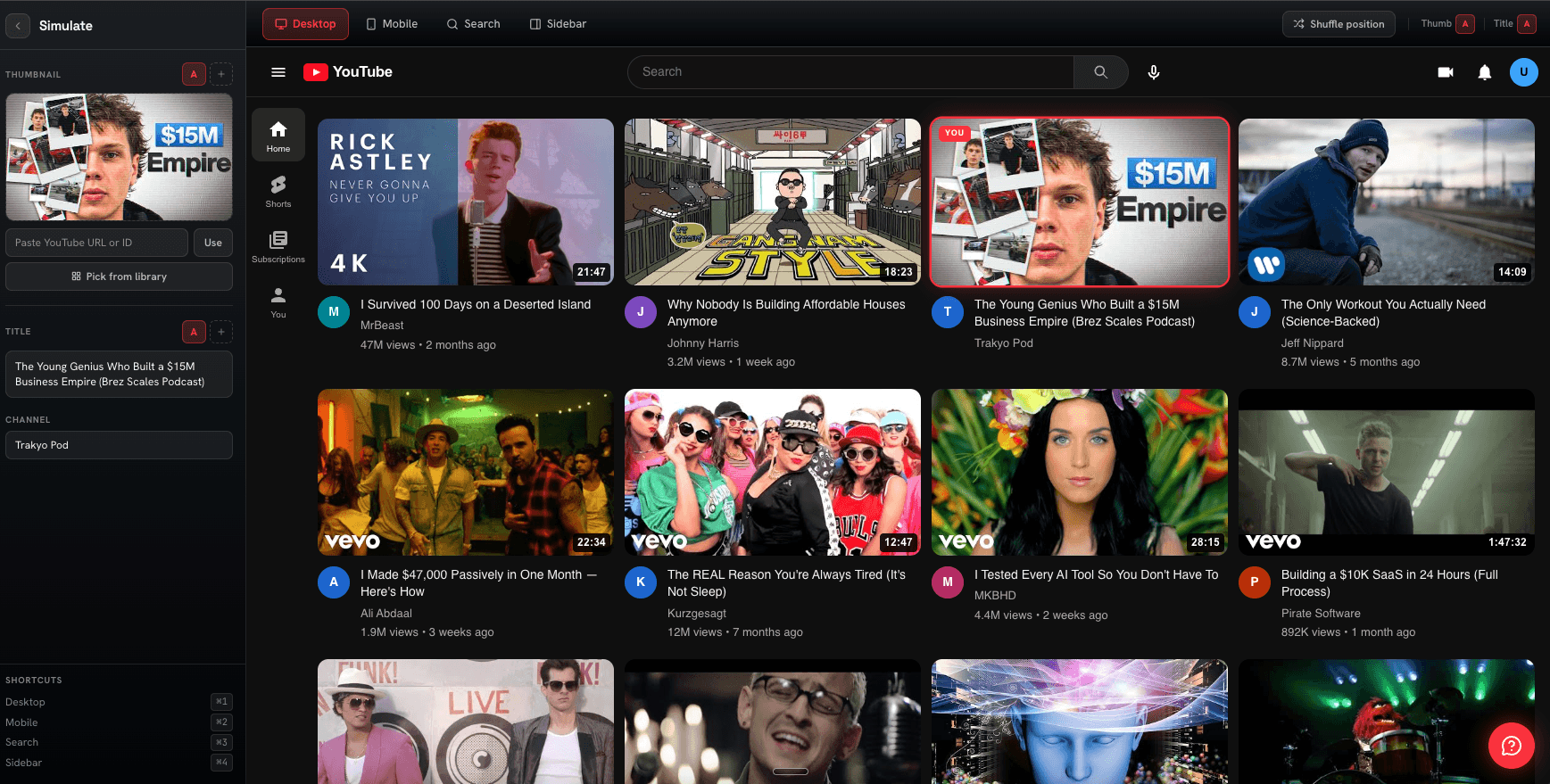 Simulate view with a thumbnail loaded into Slot A inside a YouTube feed mockup