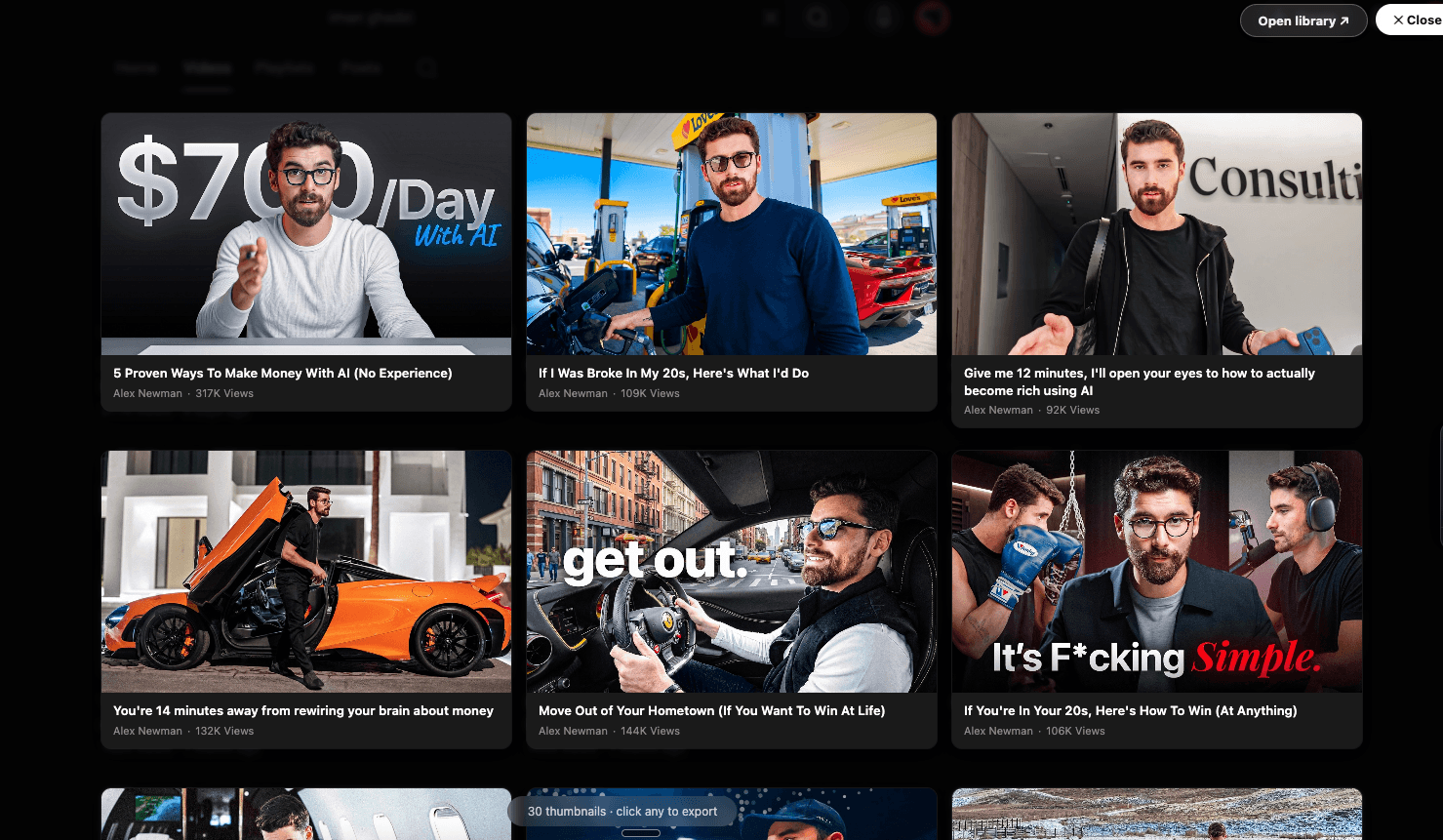Studio overlay open over a YouTube page, showing the thumbnail grid